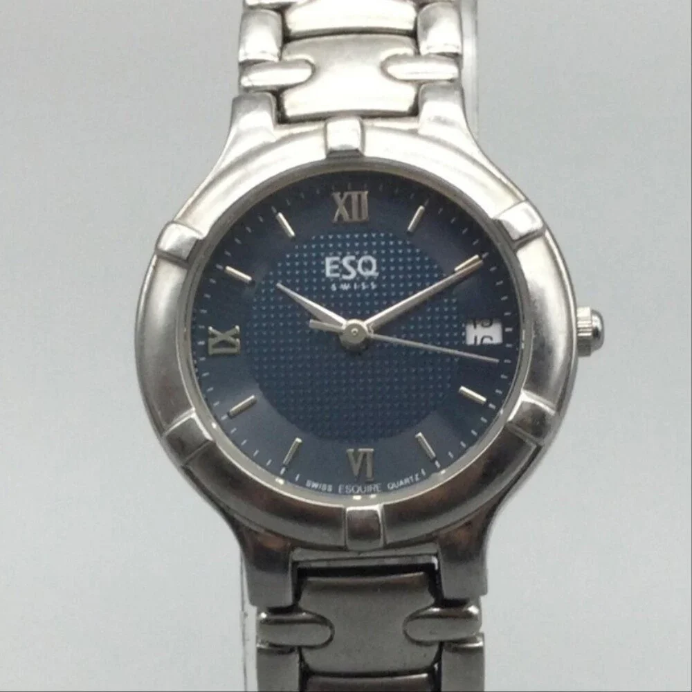 ESQ Movado Swiss Womens Watch 26mm Blue Dial Silver Tone Date New Battery 7.25